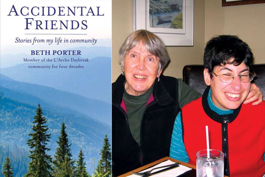 Beth Porter, left, offers a look inside L’Arche and the many friends she has made there in her new book, “Accidental Friends: Stories From My Life in Community”, left. including Beth, in left photo, and Michael and Francis.