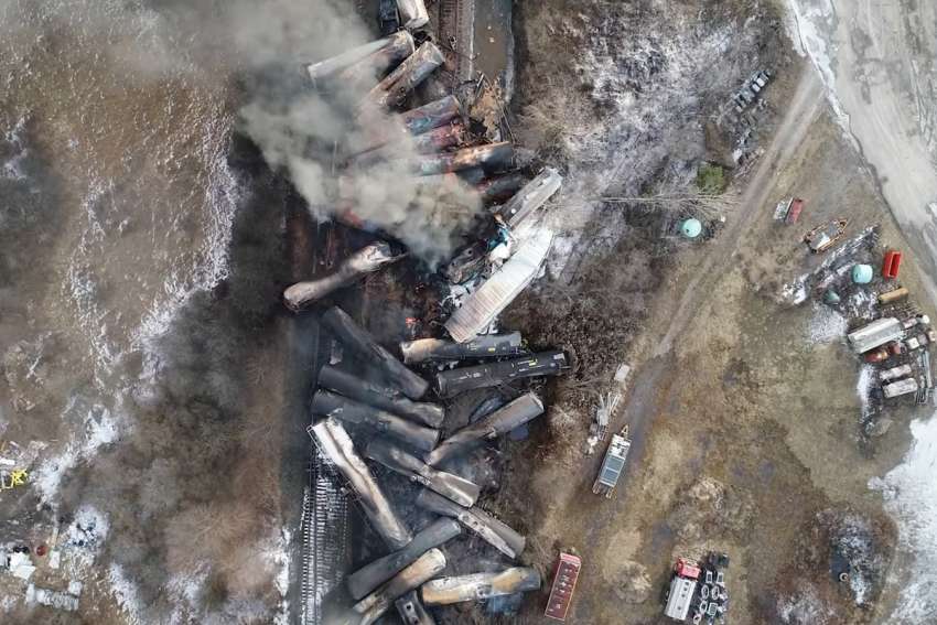 Drone footage taken Feb. 6, 2023, shows a freight train derailment in East Palestine, Ohio.