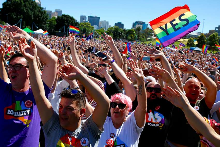 Supporters of the &quot;Yes&quot; vote for marriage equality celebrate Nov. 15 in Sydney. After a majority of Australians indicated they favored same-sex marriage, Australia&#039;s bishops said legislators must ensure that any new law on marriage include protection for religious freedom.