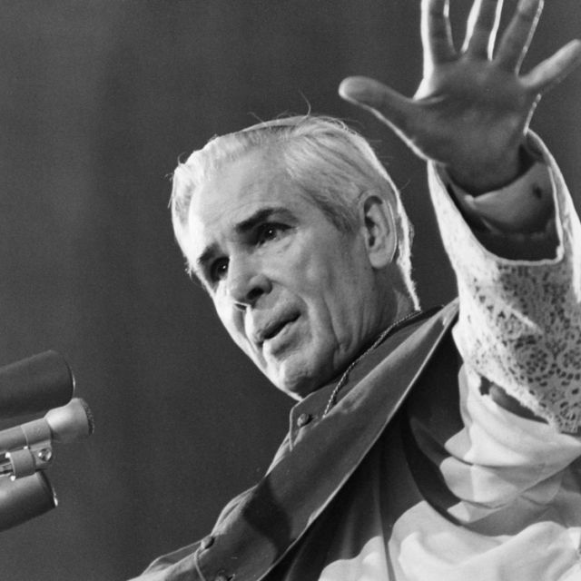 U.S. Archbishop Fulton J. Sheen is pictured preaching in an undated photo. Pope Benedict XVI has approved the heroic virtues Archbishop Sheen, declaring him &quot;venerable&quot; and clearing the way for the advancement of his sainthood cause. The announcement came June 28 from the Vatican. As a priest he preached on the popular &quot;The Catholic Hour&quot; radio program and went on to become an Emmy-winning televangelist.