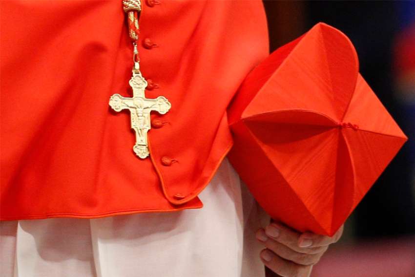 A cardinal carries his biretta as he arrives for a consistory with Pope Francis in St. Peter&#039;s Basilica at the Vatican.