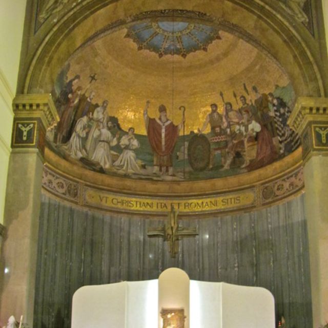 A mosaic depitcting St. Patrick using a shamrock to explain the Trinity graces the wall behind the altar at Rome’s St. Patrick’s Church. It is Cardinal Collins’ titular parish in Rome.