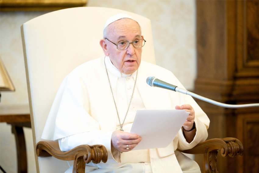 Pope Francis speaks during his weekly general audience in the library of the Apostolic Palace at the Vatican June 3, 2020. During the audience, the pope prayed for George Floyd and said, &quot;We cannot tolerate or turn a blind eye to racism.&quot;