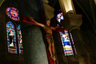 A crucifix is pictured in Notre-Dame Basilica in Nice, France, Oct. 4, 2021. A new report on clergy sexual abuse in the Catholic Church in France shows there have been 3,000 abusers since the 1950s.