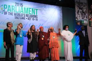 Delegates on the stage at the 2015 Parliament of the World&#039;s Religions in Salt Lake City, Utah. Toronto will be hosting the next gathering between Oct. 31-Nov. 7, 2018.