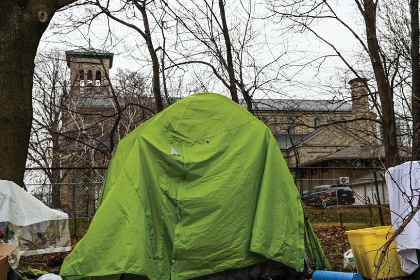 A homeless encampment is set up behind St. Paul’s Basilica in downtown Toronto, across the street from The Good Shepherd.