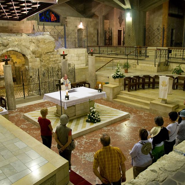 Mass is said at the altar by the grotto inside the Church of the Annunciation in Nazareth. The site is believed to be the childhood home of Mary. Below, the altar inside the Grotto of the Annunciation, believed to be the childhood home of Mary, which is located on the lower level of the Church of the Annunciation.