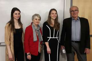 From left, Lindsay Shepherd was Master of Ceremonies for the debate’s moderator Barbara Kay, Oriyana Hrycyshyn and Dr. Fraser Fellows. 