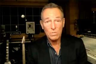  Bruce Springsteen is seen Sept. 10, 2020, on a Boston College YouTube video. The singer, songwriter and musician was initially scheduled to speak to first-year students in person, but instead addressed them via a Zoom webinar link from his home studio in Colts Neck, N.J.