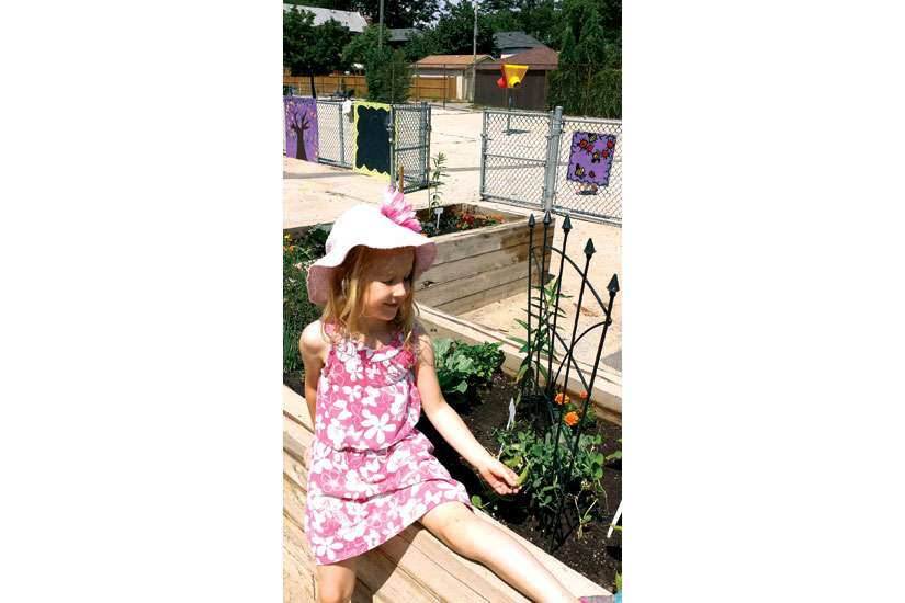 One of the kindergarten students picks snowpeas from the garden at James Culnan School’s Climate Change Village.
