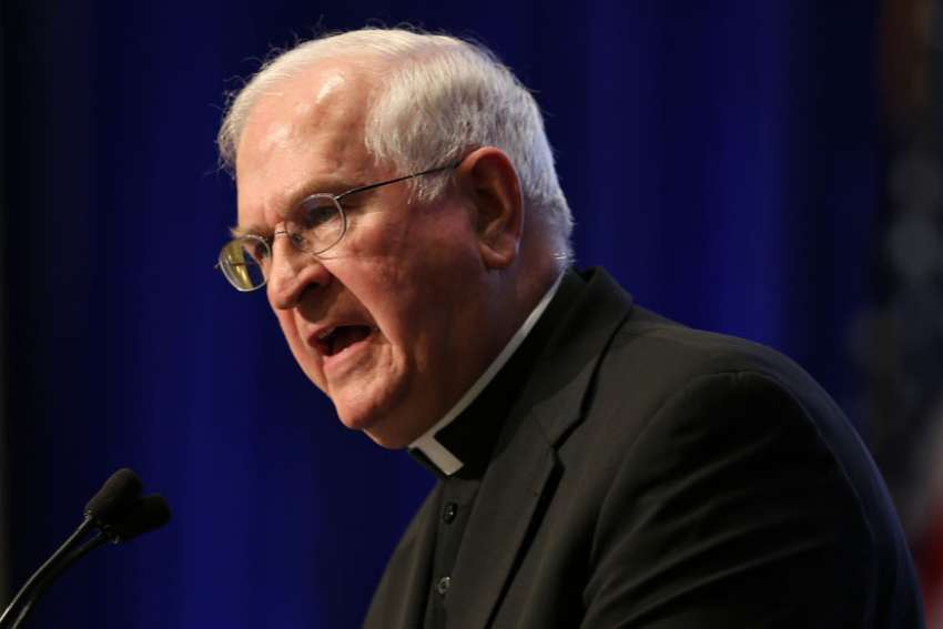 Archbishop Joseph E. Kurtz of Louisville, Ky., outgoing president of the U.S. Conference of Catholic Bishops, gives his final address during the annual fall general assembly of the bishops Nov. 14 in Baltimore.