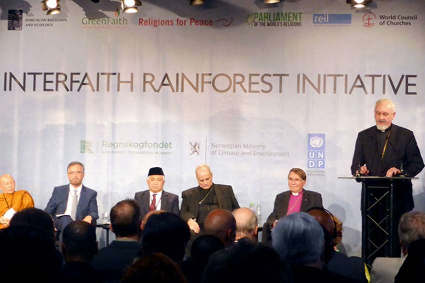 Metropolitan Emmanuel, right, of the Orthodox Church of France gives a speech during a meeting with religious leaders on ways to protect tropical rainforests from threats in Oslo, Norway, on June 19, 2017. 