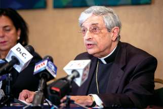 Bishop Salvatore Matano of Rochester, N.Y., speaks during a Sept. 12 news conference at the pastoral centre in Rochester after the diocese filed for reorganization under Chapter 11 of the U.S. Bankruptcy Code.