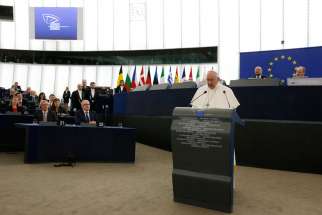 Pope Francis speaks at the European Parliament in Strasbourg, France, Nov. 25.