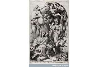 While the holy family rest on the way to Egypt, Joseph bends over a palm tree to provide them with dates. Engraving by F. Brivio after A. Allegri, il Correggio.