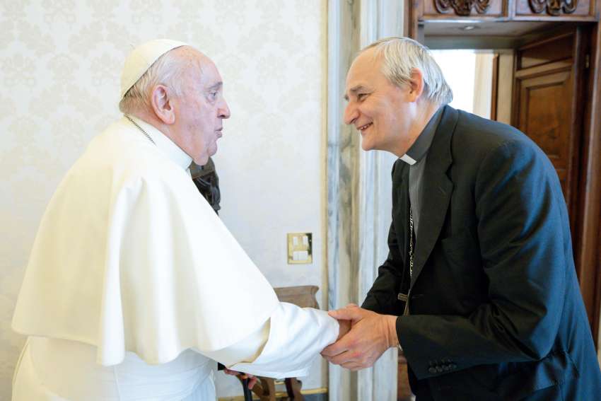 Pope Francis meets with Cardinal Matteo Zuppi of Bologna, president of the Italian bishops&#039; conference and the pope&#039;s envoy for peace in Ukraine, in the library of the Apostolic Palace at the Vatican Aug. 24, 2023.