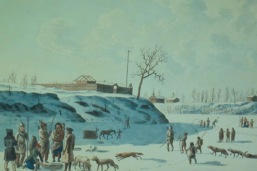 Rindisbacher, Winter Fishing on the Ice of the Assynoibain and Red River, watercolour, 1821.