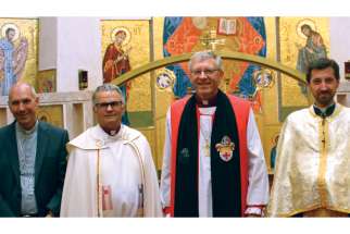 Leaders from four Christian churches convened for the  2019 Covenant Prayer Service in May at St. Athanasius Ukrainian Catholic Parish in Regina. From left, Roman Catholic Archbishop Donald Bolen, Bishop Sid Haugen (Saskatchewan Synod, Evangelical Lutheran Church in Canada), Bishop Robert Hardwick (Diocese of Qu’Appelle, Anglican Church in Canada), and Fr. Vasyl Tymishak (St. Athanasius Ukrainian Catholic Church, Regina).