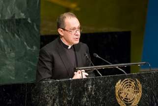 Msgr. Antoine Camilleri, Vatican undersecretary for relations with states, delivers a message from Pope Francis to a U.N. conference on nuclear weapons March 27 in New York City.