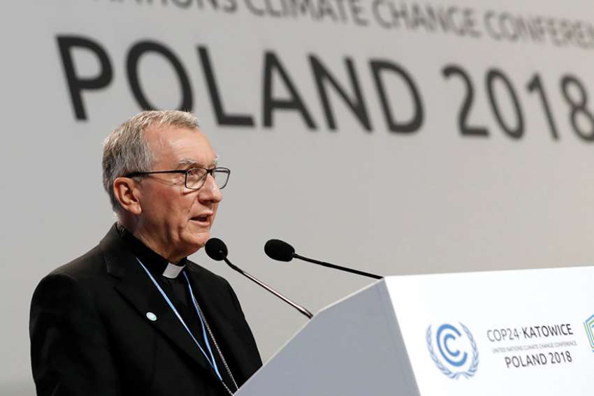 Cardinal Pietro Parolin, Vatican secretary of state, speaks Dec. 3 during the U.N. Climate Change Conference in Katowice, Poland. The cardinal told participants &quot;We are standing before a challenge of civilization for the benefit of the common good.&quot; 