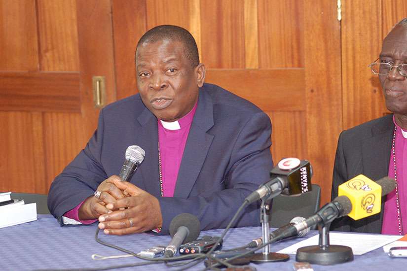 Archbishop Nicholas Okoh, left, of Nigeria and Archbishop Eliud Wabukala of Kenya speak at a recent news conference in Nairobi. The two provinces are boycotting the meeting in Lusaka, Zambia. 