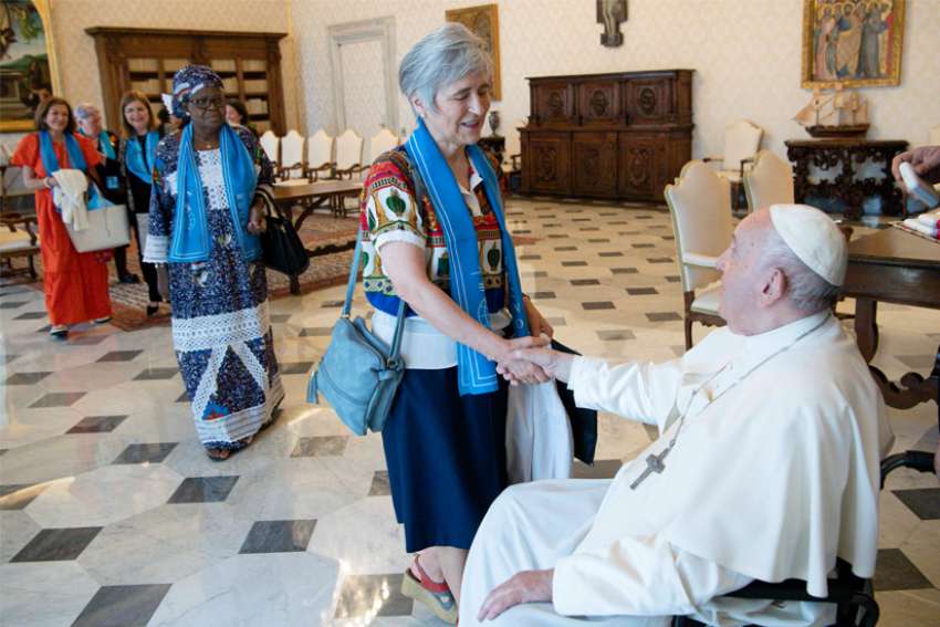 Maria Lia Zervino, an Argentine who is president of the World Union of Catholic Women&#039;s Organizations, greets Pope Francis June 11, 2022, during a meeting in the library of the Apostolic Palace at the Vatican. The Vatican announced July 13 that the pope had named Zervino to be a member of the Dicastery for Bishops.