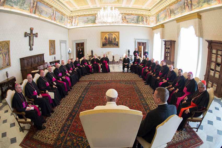 Pope Francis meets with Canadian bishops from Ontario April 25 during their &quot;ad limina&quot; visits to the Vatican to report on the status of their dioceses.