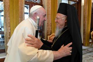 Pope Francis greets Ecumenical Patriarch Bartholomew of Constantinople at Sakhir Palace in Awali, Bahrain, in this Nov. 4, 2022, file photo. In a letter to Patriarch Bartholomew, Pope Francis said Christians must acknowledge how sin has exacerbated divisions and how growing in holiness is part of the search for Christian unity.
