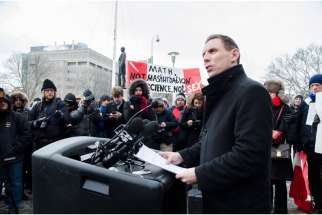 Progressive Conservative leader Patrick Brown speaks at a protest to the Liberals&#039; sex-ed curriculum Feb. 24 at Queen&#039;s Park.