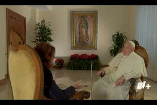 Pope Francis is seen speaking in this screen grab from an interview with Mexican news outlet N+ Dec. 12, 2023.
