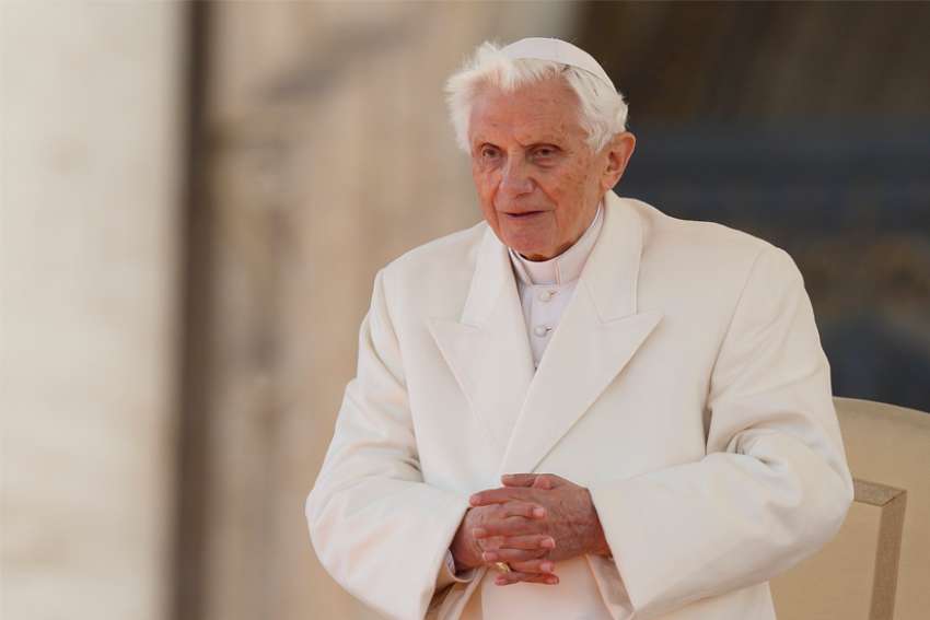 Pope Benedict XVI is pictured during his final general audience in St. Peter&#039;s Square at the Vatican in this Feb. 27, 2013, file photo. The retired pope released a statement Feb. 8 concerning the recent report on abuse in the Archdiocese of Munich and Freising, where he served as archbishop from 1977-1982.