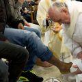Pope Francis washes the foot of a prison inmate during the Holy Thursday Mass of the Lord&#039;s Supper at Rome&#039;s Casal del Marmo prison for minors March 28. Pope Francis washed the feet of 12 young people of different nationalities and faiths, including at l east two Muslims and two women, who are housed at the juvenile detention facility.