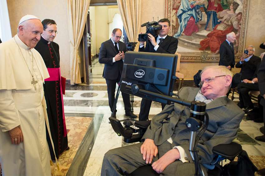 Pope Francis greets Stephen Hawking during an audience with participants attending a plenary session of the Pontifical Academy of Sciences at the Vatican Nov. 28, 2016. Hawking, the British-born theoretical physicist, cosmologist and popular author died March 14 at the age of 76. 
