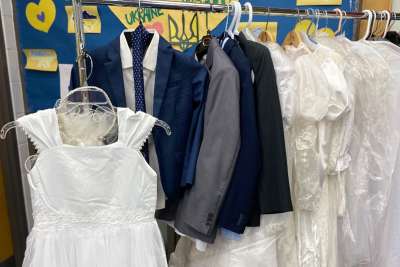 Some of the clothing donated for Ukrainian refugees soon to receive First Communion at Toronto’s St. Demetrius School. 