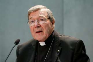 In this 2017 file photo, Australian Cardinal George Pell is seen at the Vatican press office. Cardinal Pell, the most senior Catholic cleric to be convicted of child sex offenses, has lodged an application to appeal his six-and-a-half-year prison sentence with Australia&#039;s High Court.