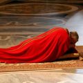 Pope Francis lies prostrate as he arrives to celebrates the Liturgy of the Lord&#039;s Passion in St. Peter&#039;s Basilica at the Vatican March 29.