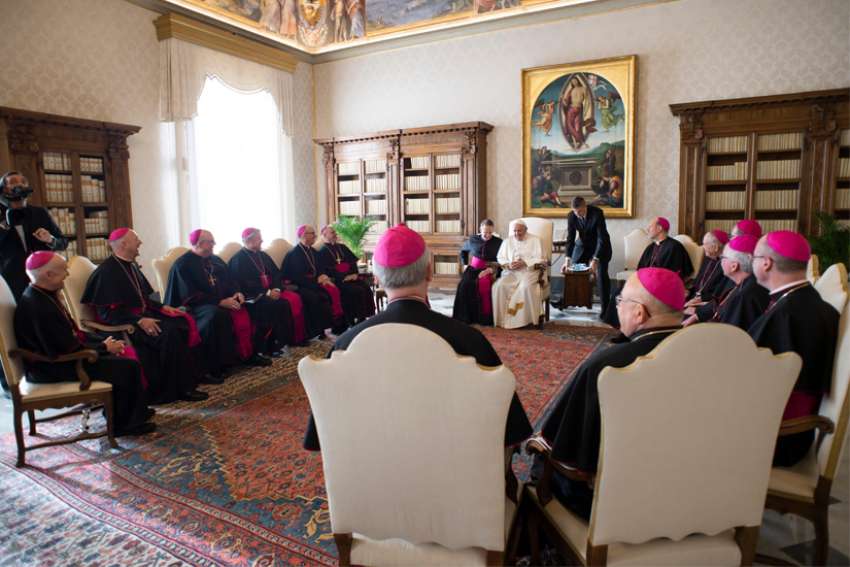 Pope Francis meets with U.S. bishops from Iowa, Kansas, Missouri and Nebraska during their &quot;ad limina&quot; visits to the Vatican Jan. 16, 2020. The bishops were making their &quot;ad limina&quot; visits to the Vatican to report on the status of their dioceses to the pope and Vatican officials.