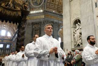 Seminarians from the Pontifical North American College walk in procession during the ordination of new deacons in St. Peter&#039;s Basilica at the Vatican Sept. 30, 2021. Pope Francis has shared a letter from an adult survivor of clergy abuse, addressed to the world&#039;s seminarians, calling for an end to silence and a commitment to truth.