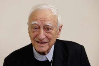 Retired Italian Bishop Luigi Bettazzi of Ivrea, Italy, is pictured during a press conference at Vatican Radio Nov. 12. Bishop Bettazzi, 92, is the last surviving bishop of the 42 members of the Second Vatican Council who signed a pact in 1965 in the Catacombs of Domatilla promising to live simply and close to the poor. 