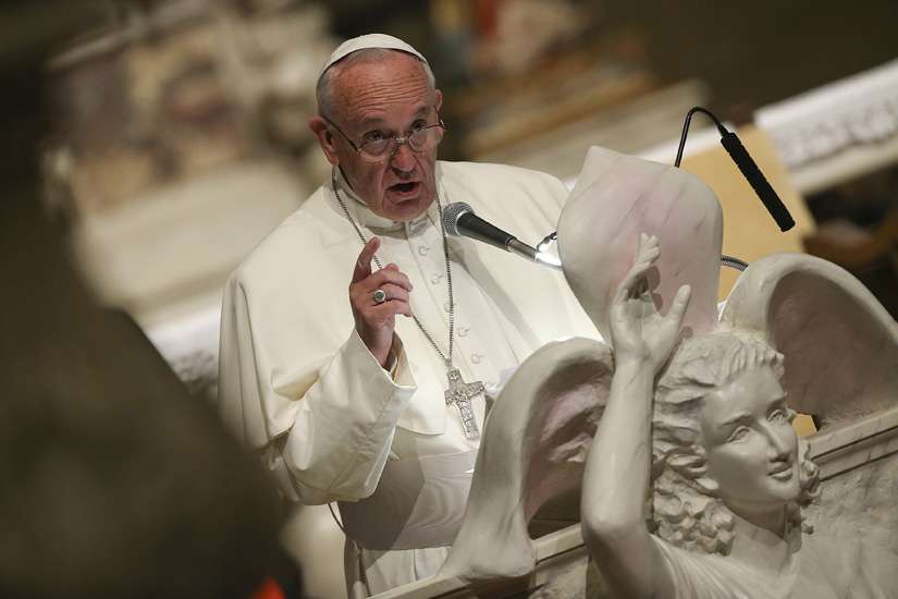 Pope Francis gestures during a meeting with bishops Nov. 10 in the Duomo, the Cathedral of Santa Maria del Fiore in Florence, Italy. 