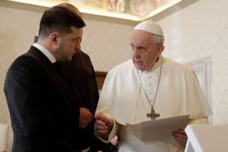 Ukrainian President Volodymyr Zelenskyy is pictured with Pope Francis during a private audience at the Vatican in this Feb. 8, 2020, file photo. Ukrainian church leaders have cautiously welcomed news of an upcoming Vatican visit by Zelenskyy, after a fresh wave of Russian missile attacks in anticipation of a counteroffensive by Kyiv&#039;s forces.