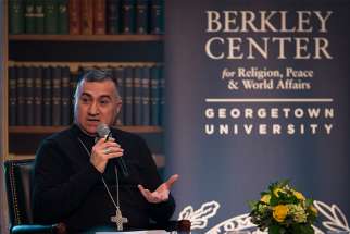 Chaldean Catholic Archbishop Bashar Warda of Irbil, Iraq, talks about religious pluralism at Georgetown University in Washington Feb. 15. 