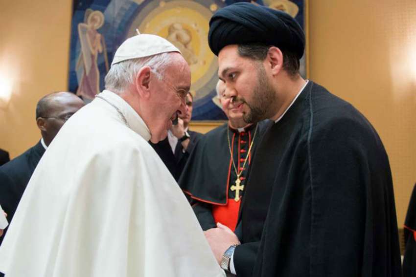 Pope Francis greets Sayed Ali Abbas Razawi, director of the General Scottish Ahlul Bayt Society, at the Vatican April 5, 2017. 