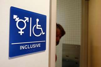 A gender-neutral bathroom is seen at the University of California, Irvine in Irvine, California on September 30, 2014. 