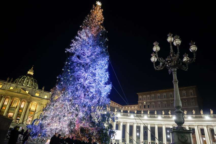 The Christmas tree is lighted in St. Peter’s Square at the Vatican Dec. 9, 2023.