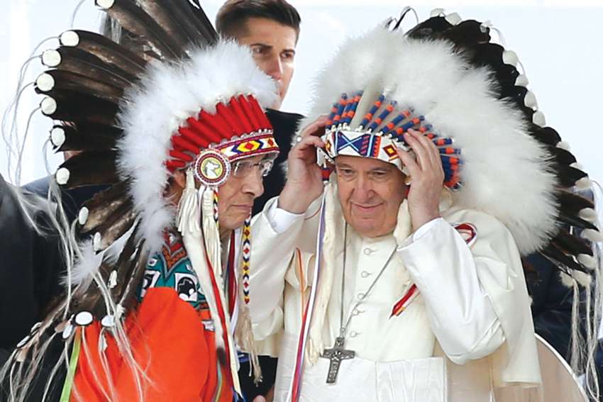 Chief Wilton Littlechild gifted Pope Francis with a headdress during his visit to Canada last year.