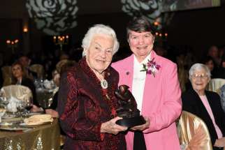 Sr. Mary Jeanne Davidson, right, was honoured with Catholic Missions In Canada’s St. Joseph Award for her work in Canada’s mission territories. She is pictured here with former Mississauga Mayor Hazel McCallion at the annual Tastes of Heaven dinner April 6.