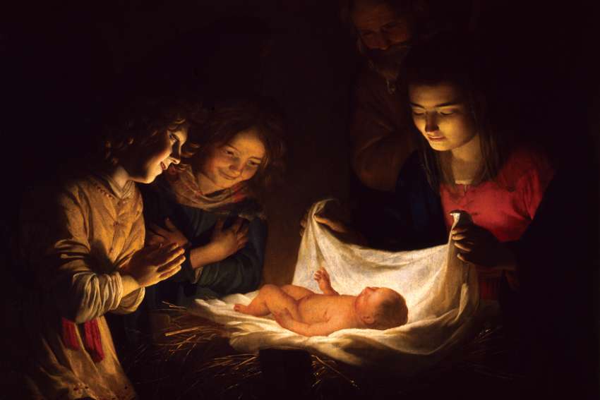 The Adoration of the Child is depicted in this 17th-century painting by Dutch artist Gerard van Honthorst.