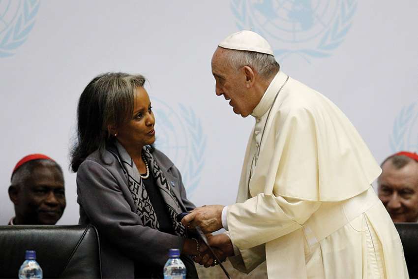 Pope Francis greets Sahle-Work Zewde, then-director general of the United Nations office in Nairobi, during a 2015 visit to Nairobi. Zewde was elected Oct. 25 as Ethiopia&#039;s first female president. 