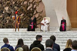 Pope Francis meets in the Vatican audience hall with staff, middle school and high school students from Padua&#039;s Barbarigo Institute March 23 , 2019. Answering questions from three of the students, the pope focused on how prayer, dialogue and passion should be part of their process of making important life decisions. 